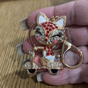 Gold and Red Cat Keychain with Crystals